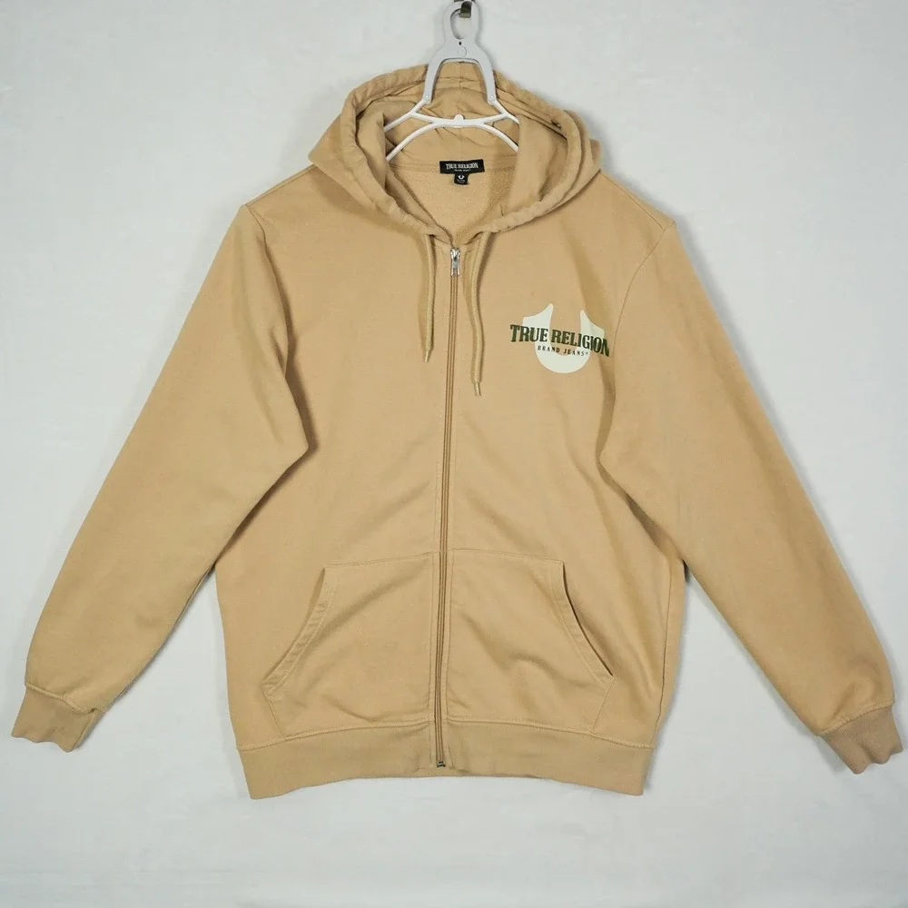 True Religion Mens XL Tan Beige Full Zip Horseshoe Hoodie‎ Sweatshirt 53660-00